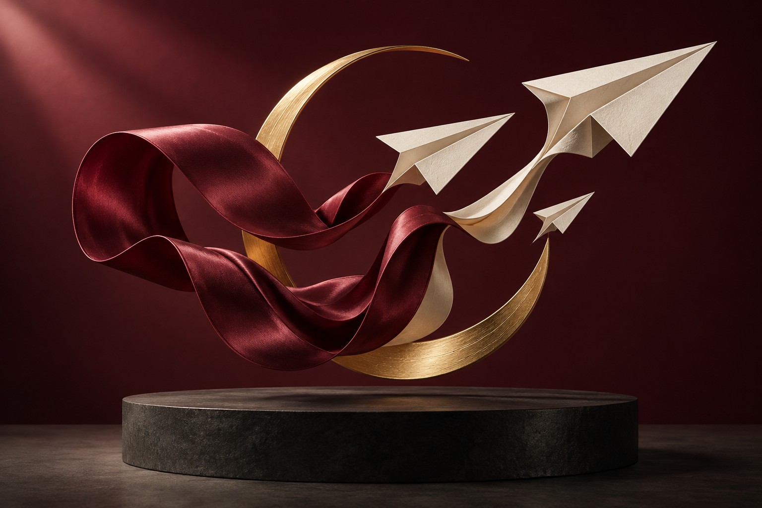 Burgundy silk ribbon, ivory paper planes and a sculptural gold arc