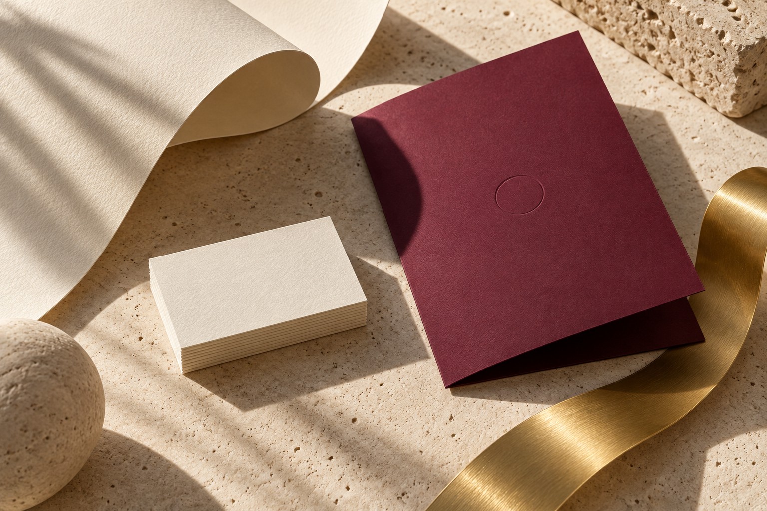 Ivory textured cards and burgundy stationery with gold foil